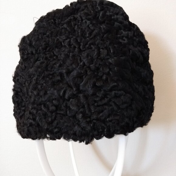 Vintage Curly Lamb Fur Hat Black Winter Garrison Cap XS - Picture 8 of 14